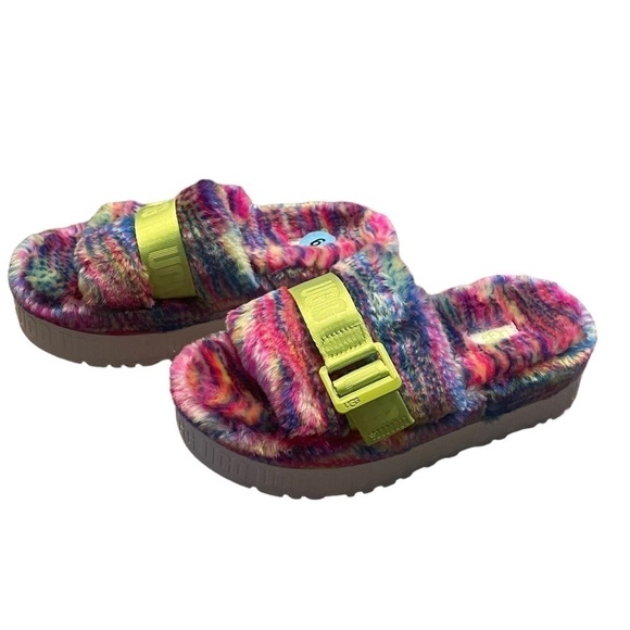 UGG "Pixelate Print" Rainbow Colored/Multicolored Plush Fuzzy Slipper Slides - Picture 1 of 11